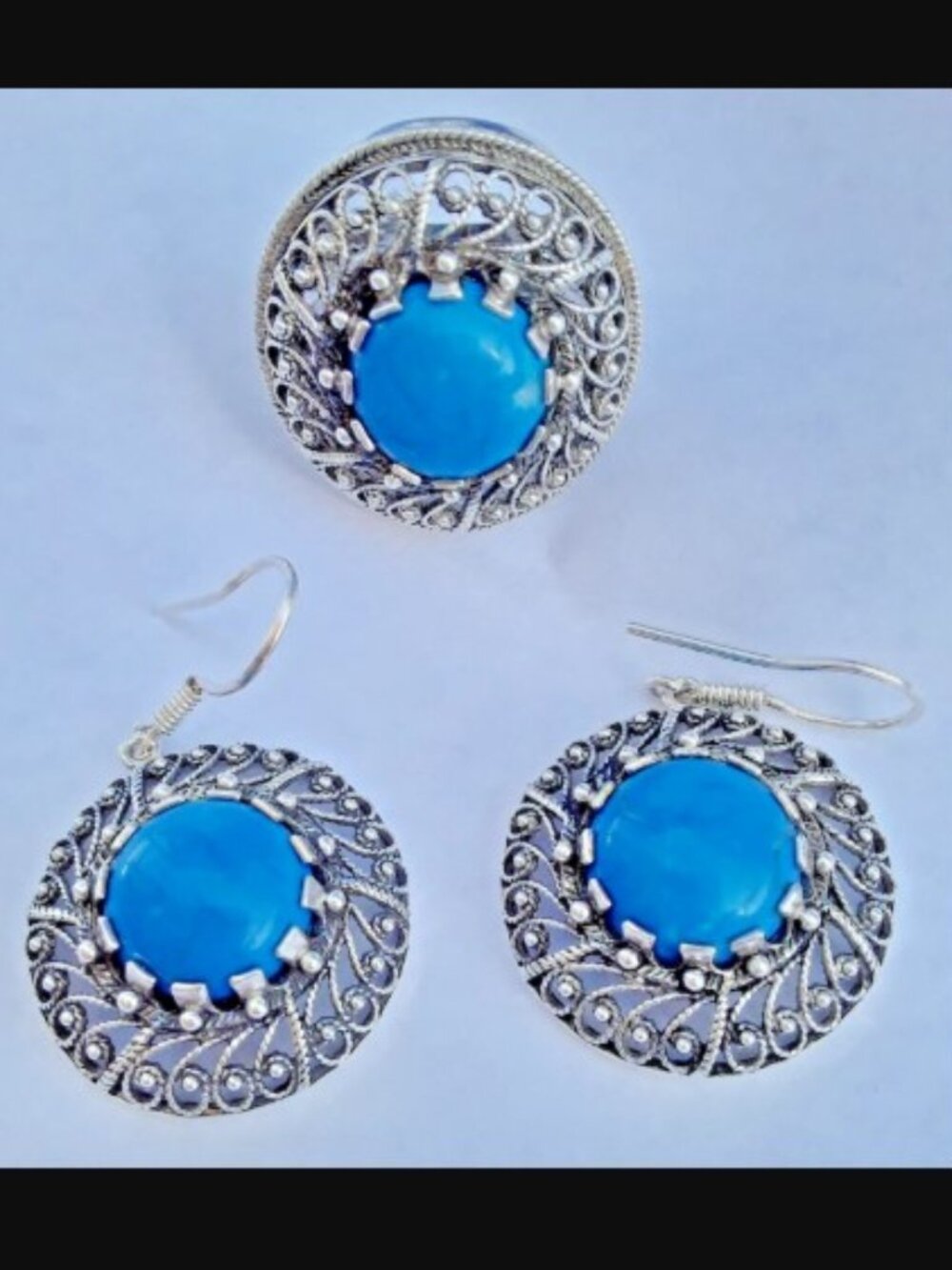 Turquoise ring size 7 and EARRINGS FILIGREE SET ARTISAN BIG 12mm Blue